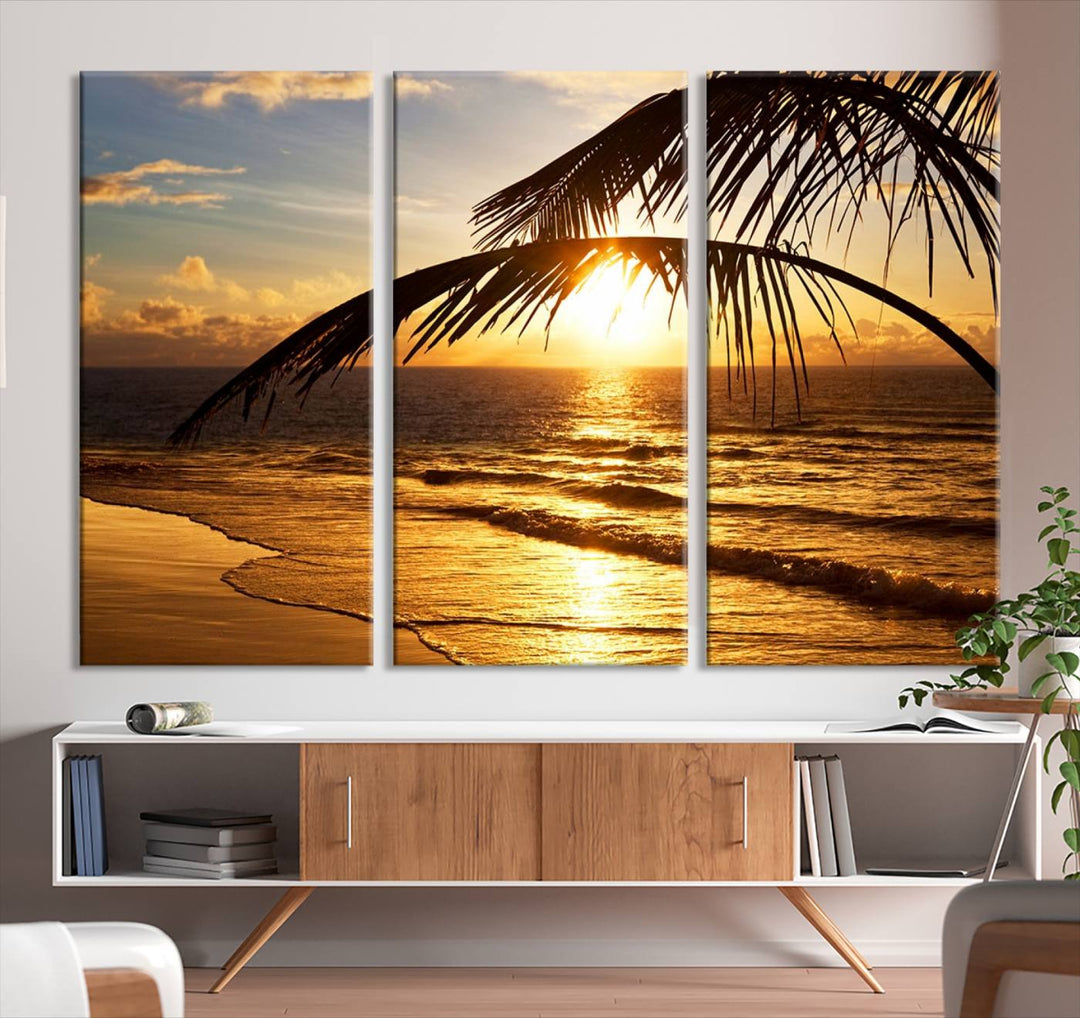 Golden Tropical Beach Sunset Canvas Triptych: Coastal Palm Art & Giclee Print with Gallery Wrap, capturing golden waves.