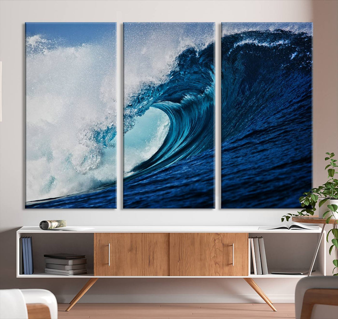 Ocean Wave at Sunset Canvas Art, Large Wall Print of Vibrant Water Waves, Coastal Art for Living Room and Dining Room Decor