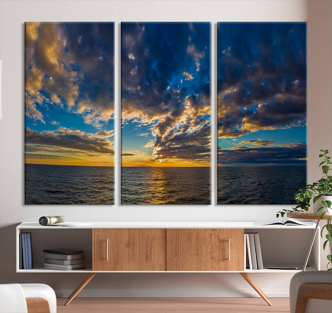 Dramatic ocean sunset canvas art with giclee and Canon print quality. Panoramic seascape wall art perfect for coastal or beach house decor.