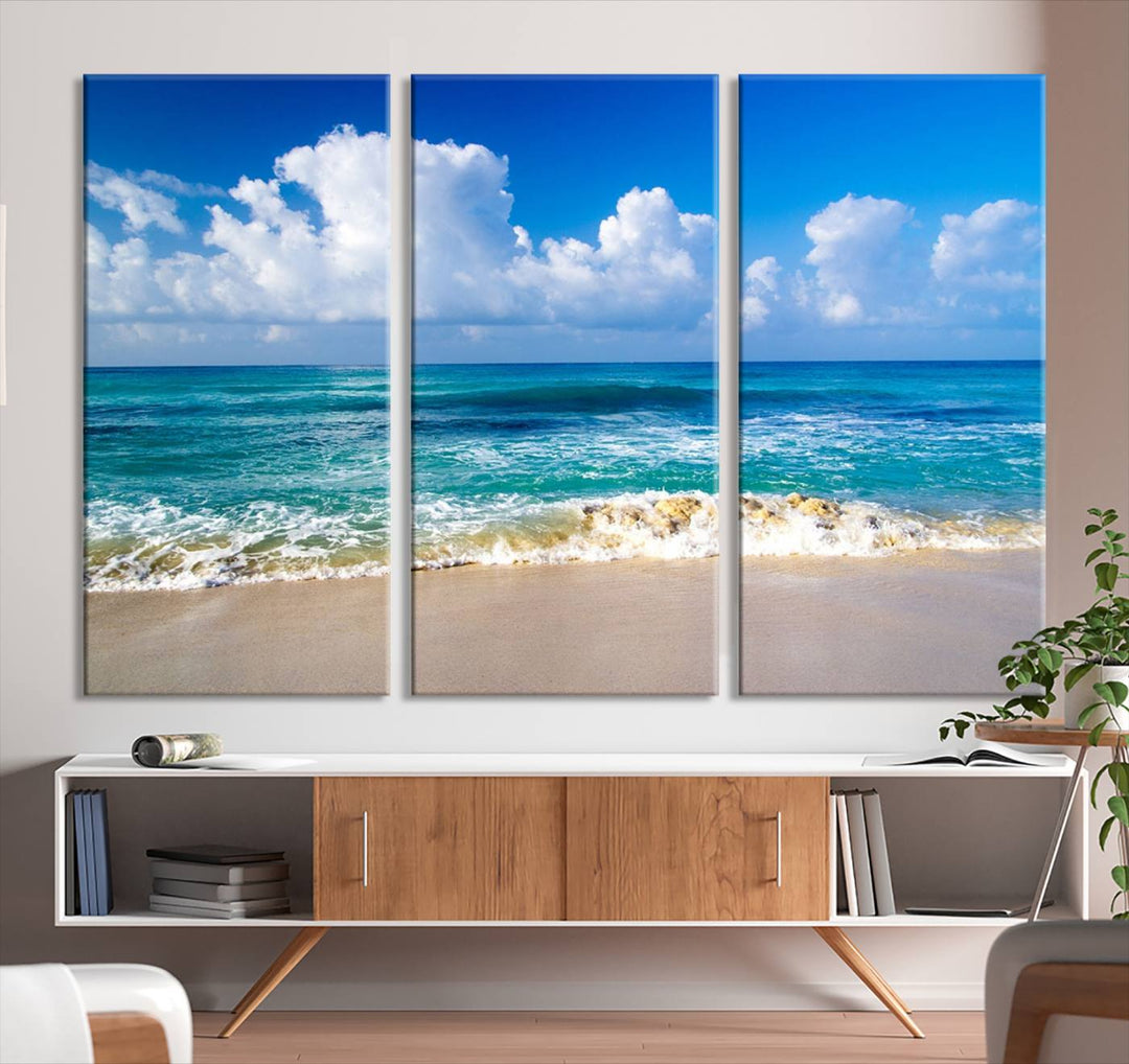 Tropical Beach 3-Panel Canvas Wall Art – Serene Ocean Waves and Blue Sky – Giclée Print for Living Room, Office, or Bedroom Coastal Decor