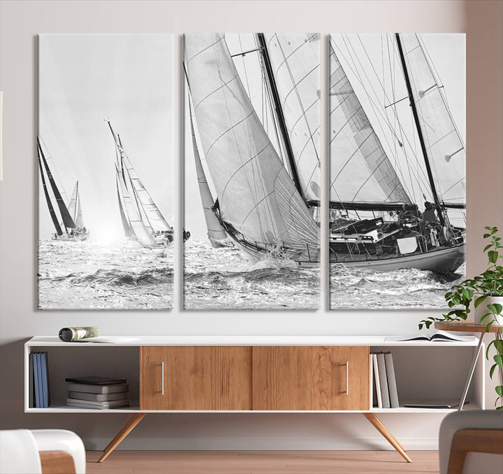 Yacht Sailboat Regatta canvas print on a textured wooden wall.