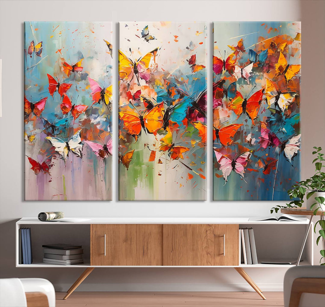 The Abstract Butterfly Wall Art Canvas Print hangs prominently, adding a touch of elegance and creativity to the room.