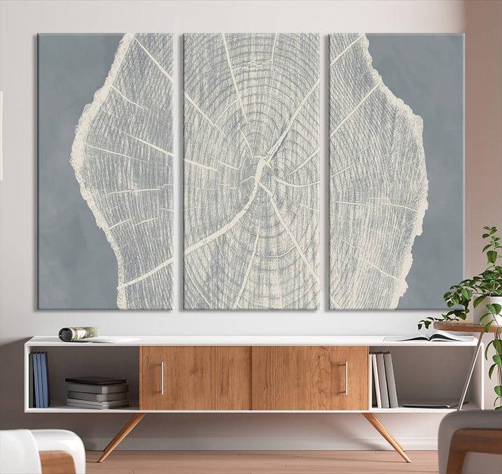 A gray wall displays the Abstract Tree Ring Wall Art print.