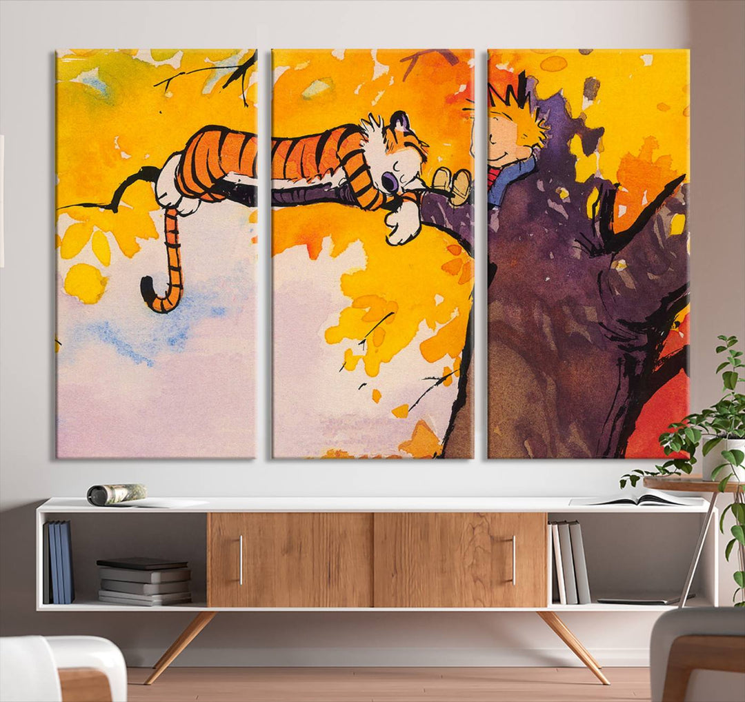 Premium canvas Calvin Wall Arts featuring a boy and tiger relaxing on a branch.