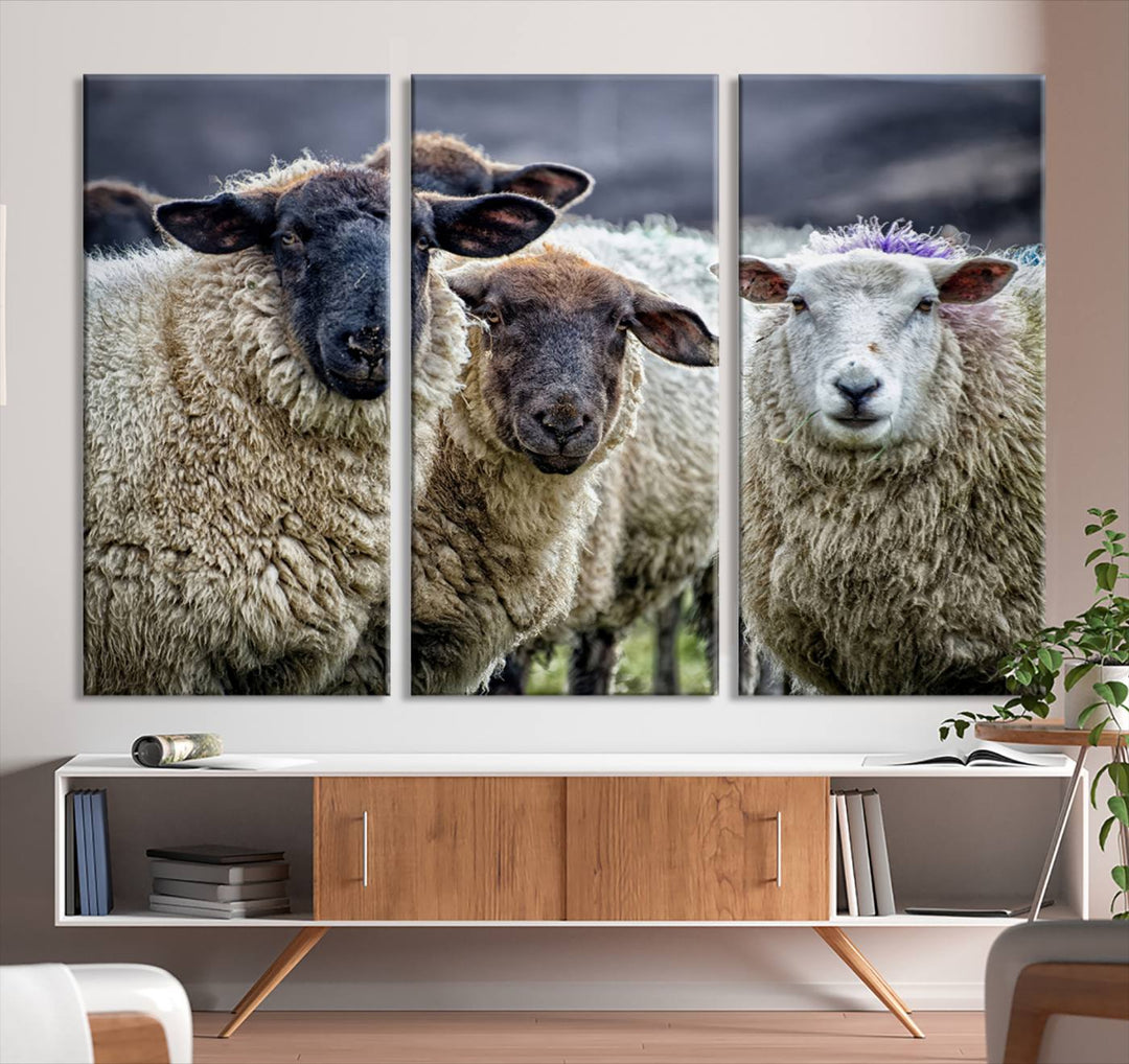 The Charming Sheep Portrait Wall Art hangs on a wooden wall.