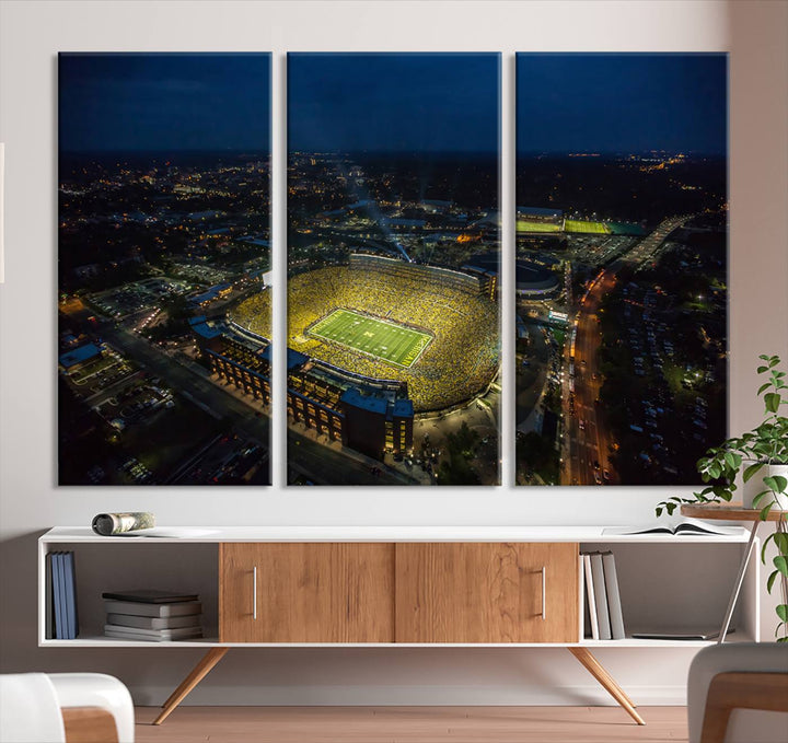 Aerial view of Michigan Stadium nightlife on canvas – Framed, ready-to-hang sports arena wall art.