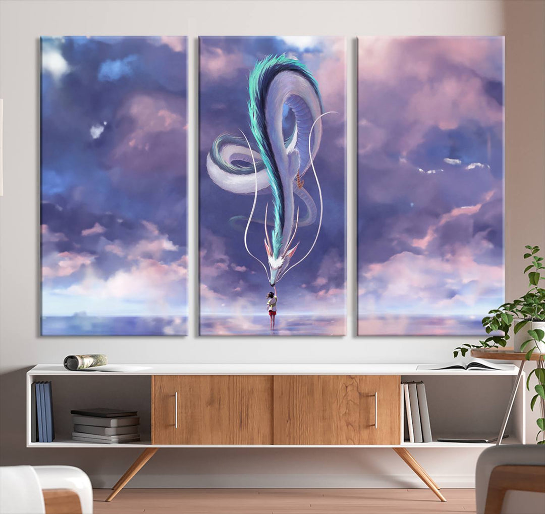 The Spirited Away Haku and Chihiro poster captures a cherished scene for anime lovers under a colorful, cloudy sky.