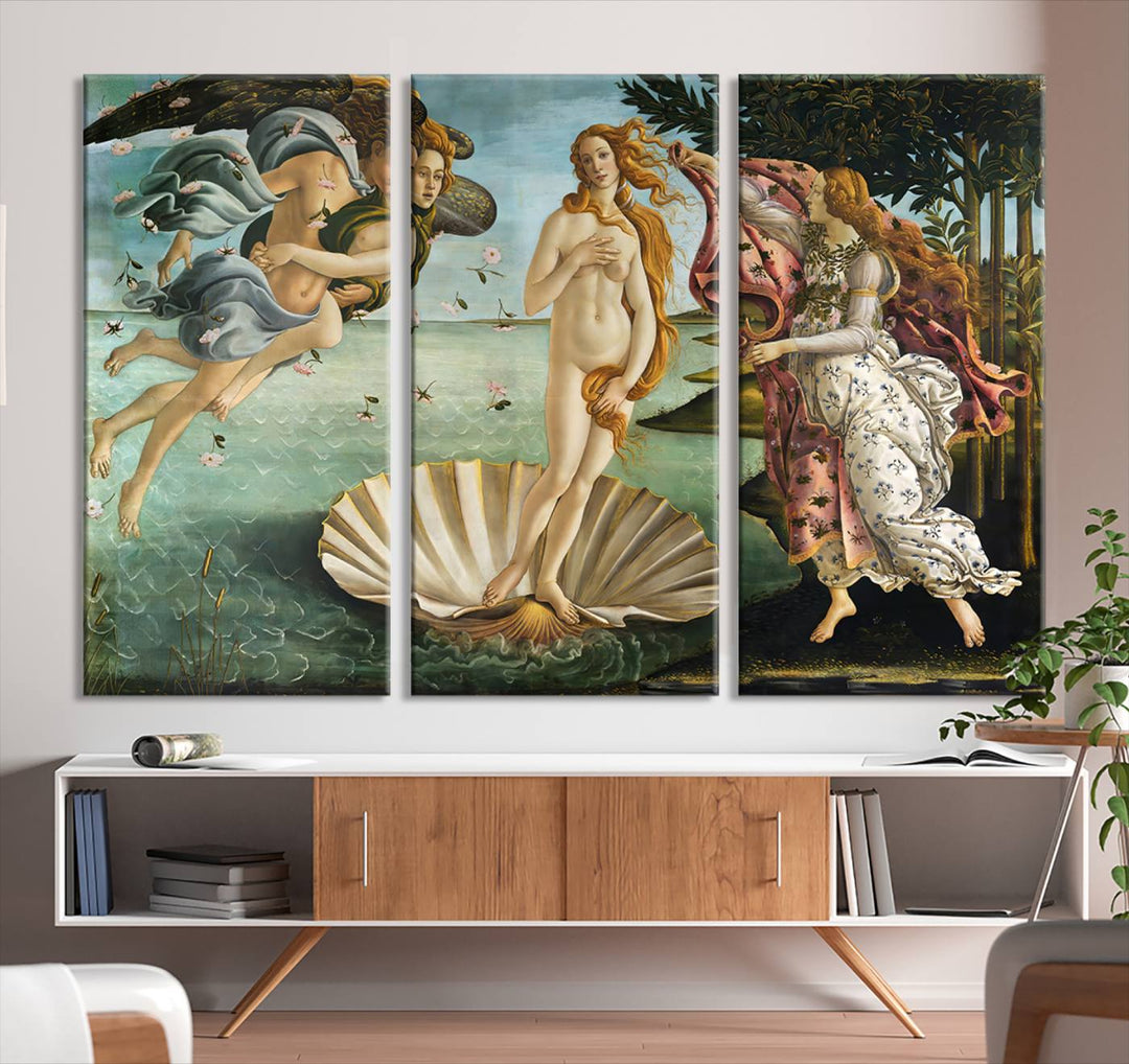 A canvas print of Botticellis The Birth of Venus is displayed on the wall.