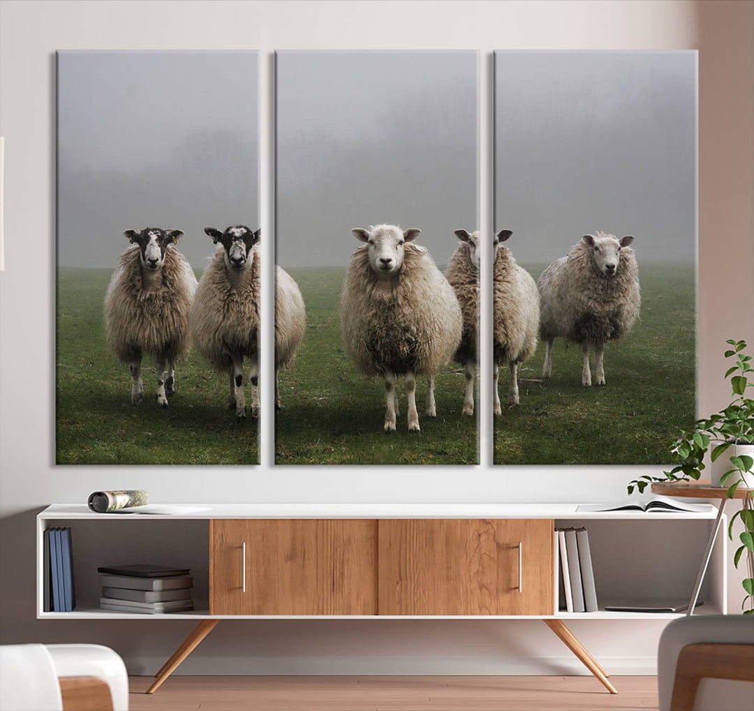 The Flock of Sheep in a Mystical Fog canvas print is framed and ready to hang.