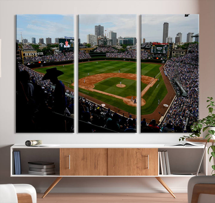 Admire this museum-quality canvas print of a Chicago Cubs game with a cityscape view from the stands at Wrigley Field.