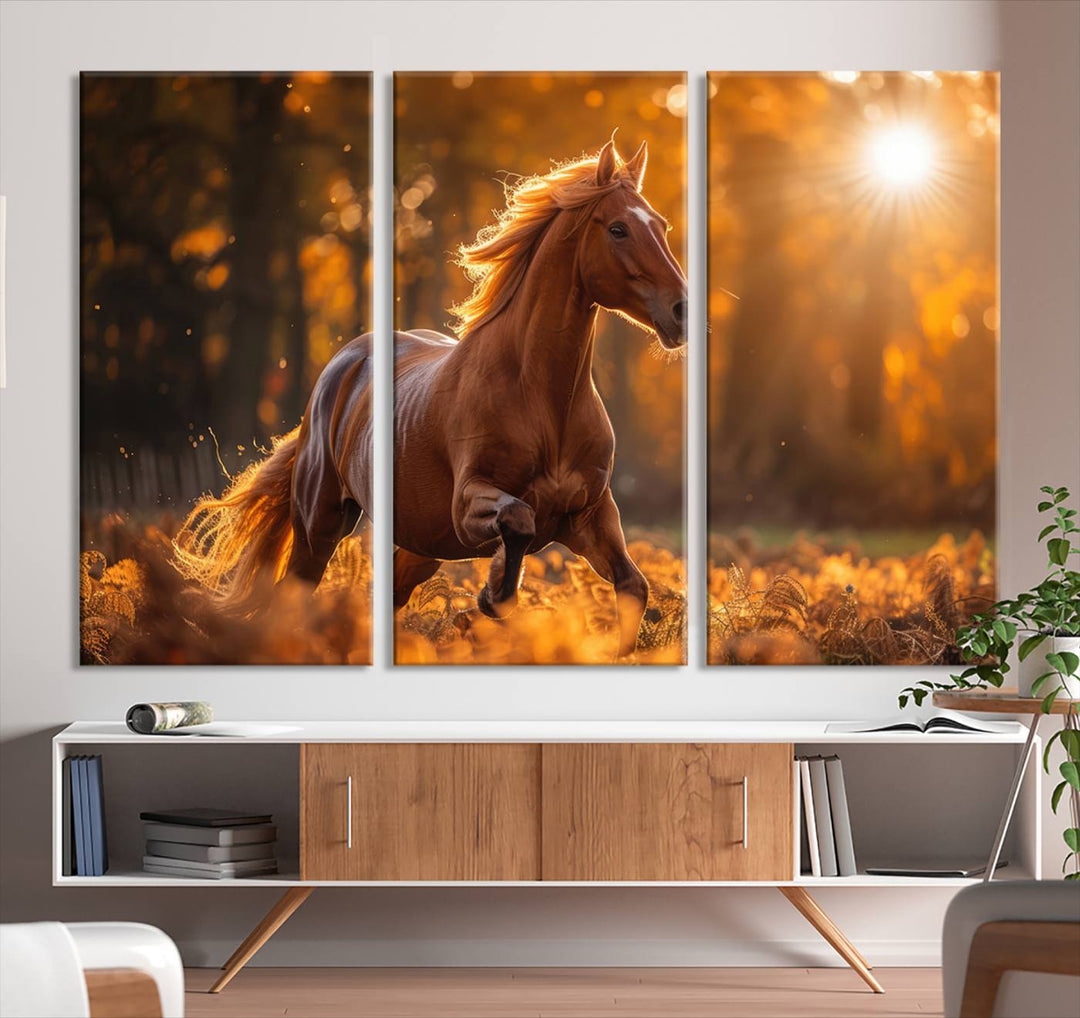 The Running Horse Sunset Forest Wall Art Canvas Print showcases a gallop in an autumn forest with sunlight streaming through the trees.