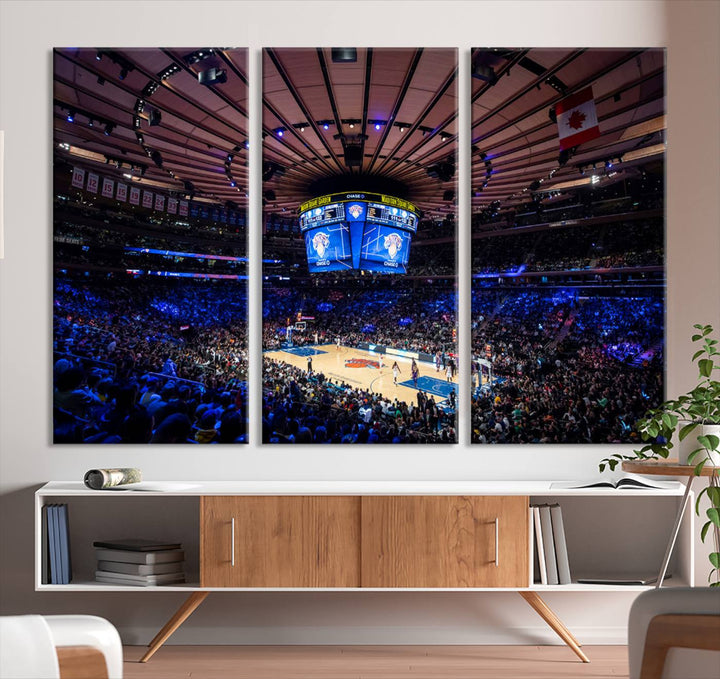 A print depicting an NBA game at Madison Square Garden, highlighting the scoreboard.