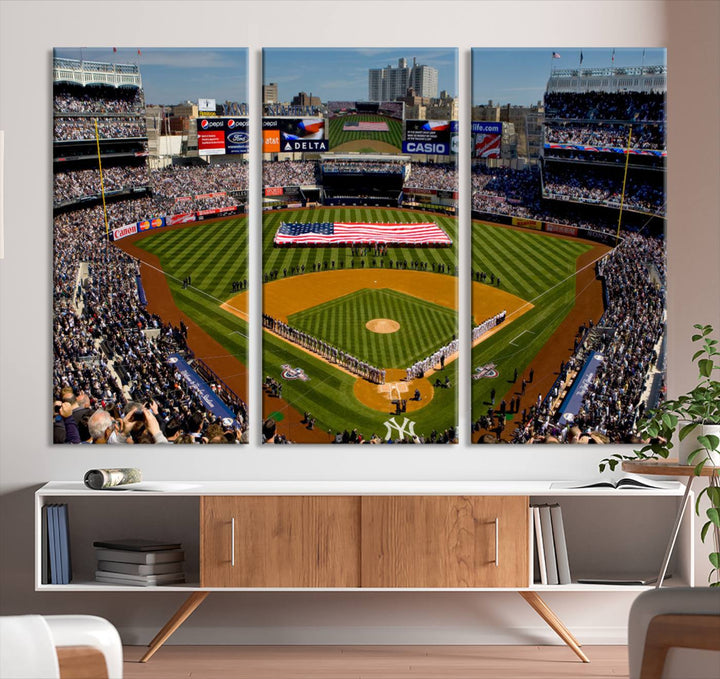 The Yankee Stadium New York wall art print features a vibrant scene of baseball fans with a large flag and players, expertly capturing the spirit of the game. This ready-to-hang décor is perfect for adding a dynamic touch to any space.