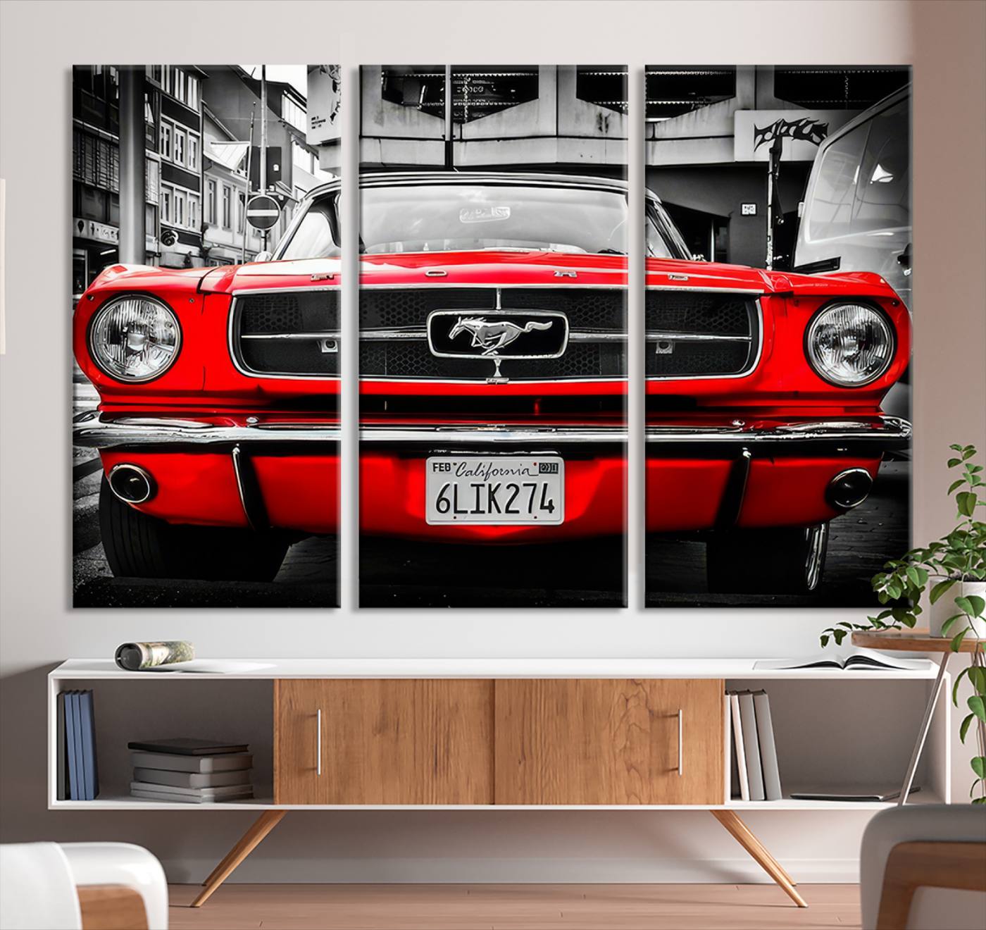 Front view of a bold red 1960s Ford Mustang parked in an urban environment, captured in dramatic contrast with a black-and-white city backdrop, emphasizing its timeless American muscle car identity.