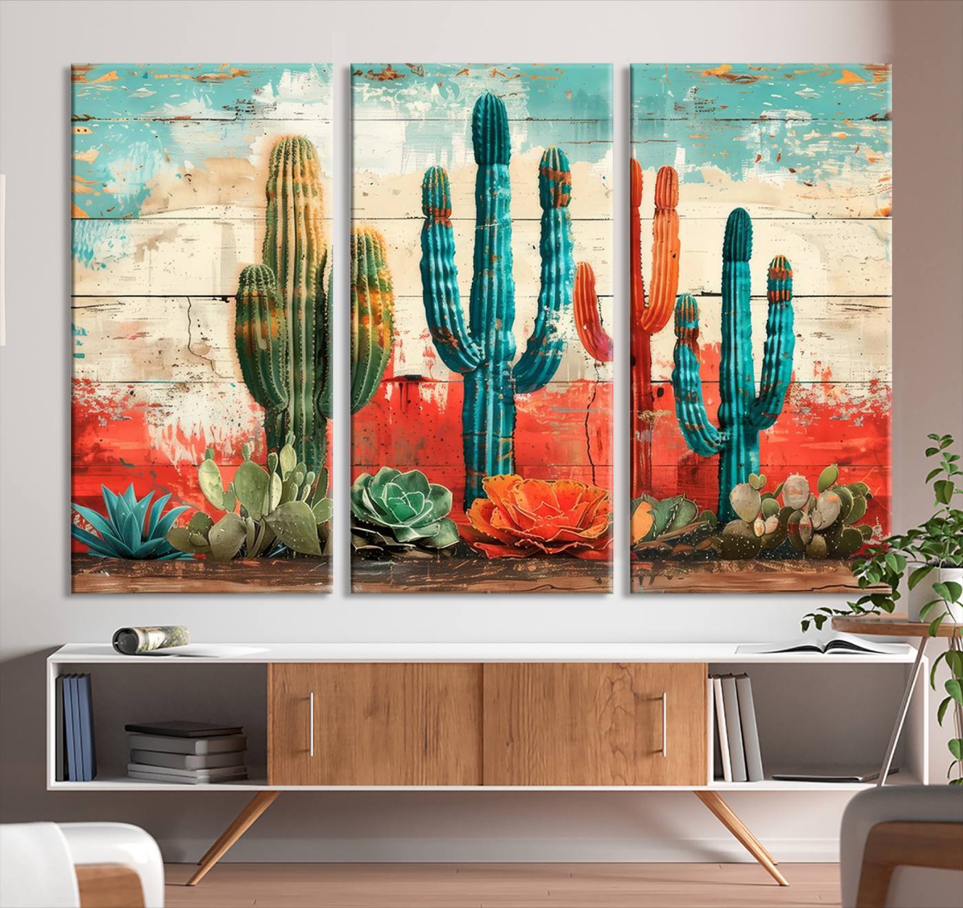 A vivid southwestern-style artwork featuring an eclectic mix of cacti and succulents painted against a textured, rustic wood backdrop in rich turquoise, red, and orange hues.