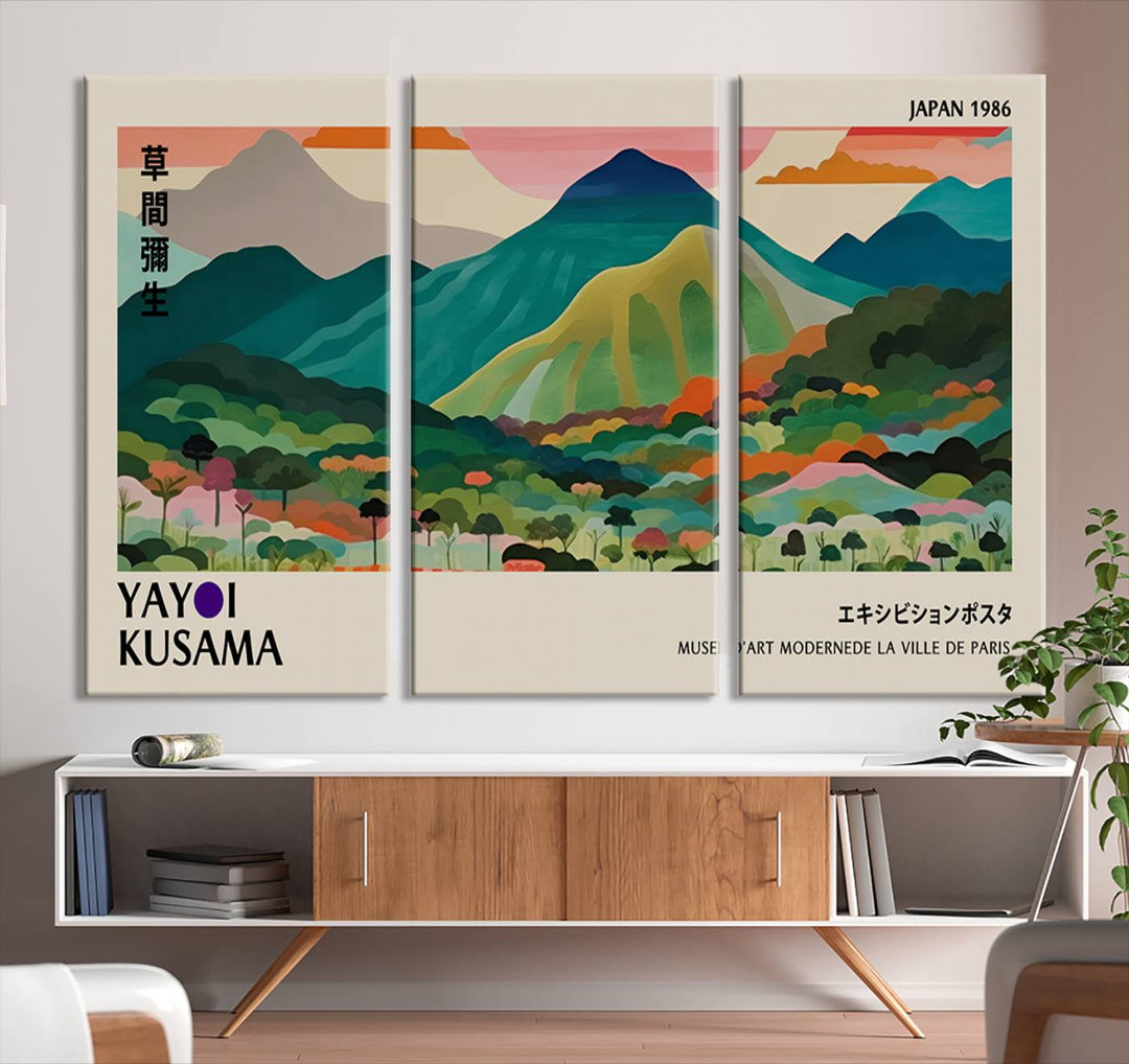 Vibrant Kusama landscape canvas featuring floral mountains and botanical decor, ideal for a modern home.