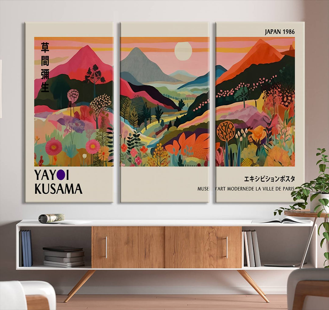 The Yayoi Kusama Landscape Print features vibrant floral mountains with abstract designs, ideal for modern decor.