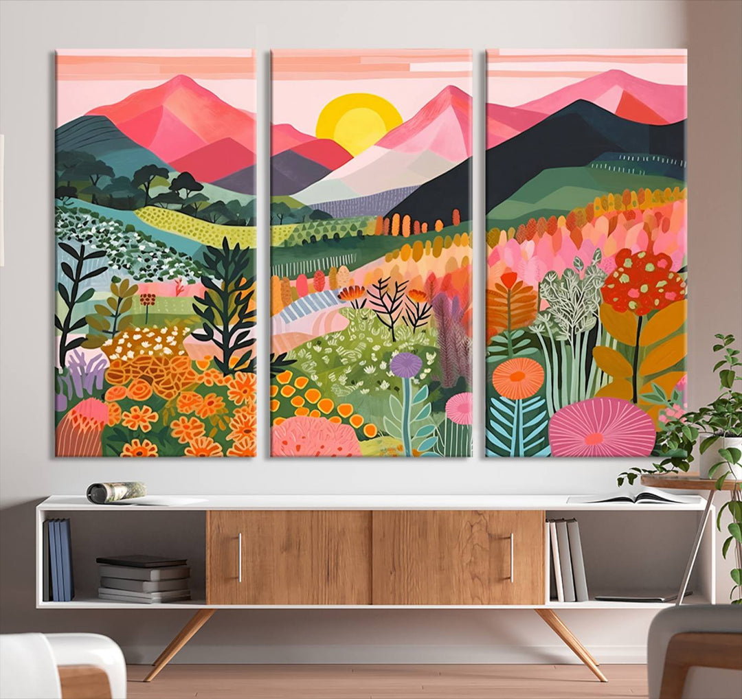 Vibrant abstract landscape canvas: Yayoi Kusama 1986 wall art print featuring mountains, sun, and flowers. Ready-to-hang.