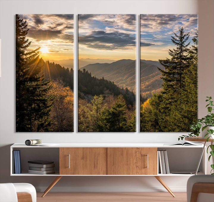 The dining area is beautifully decorated with the Sunrise Over the Smoky Mountains Canvas Wall Art – a breathtaking scenic landscape photography in a stunning triptych that's ready to hang.