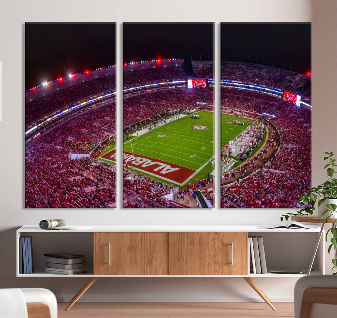 A stunning triptych canvas wall art of the Bryant-Denny Stadium Night Game perfectly captures the energy and excitement of an Alabama Crimson Tide football match at night.