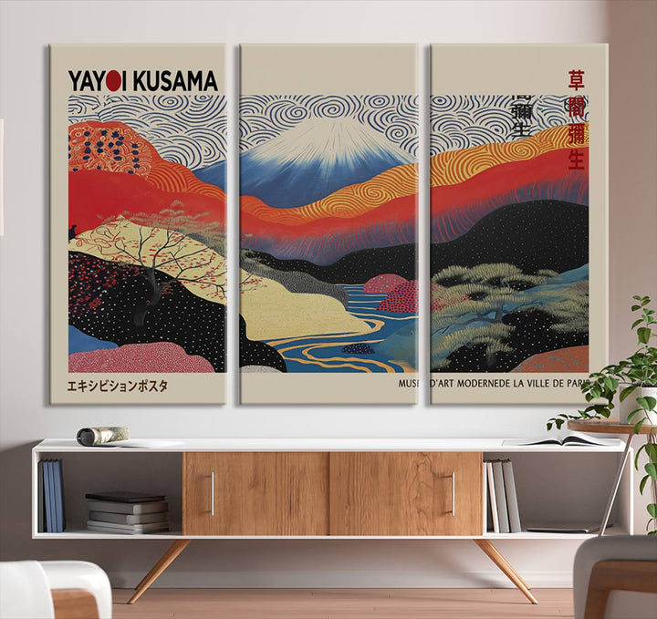 A framed Yayoi Kusama 1986 wall art print, showcasing vibrant abstract landscapes with a Wabi Sabi influence, is prominently displayed as a Japanese wall art piece.