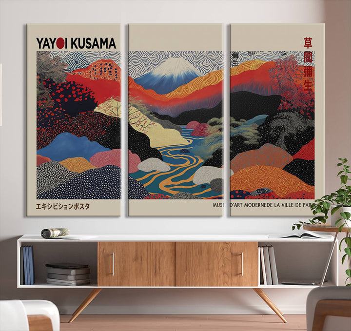 The room showcases Kusamas 1986 vibrant abstract landscape wall art print.