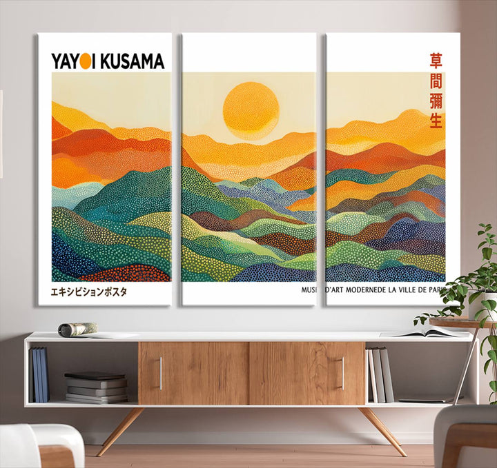 The Framed Yayoi Kusama 1986 Wall Art Print—a vibrant abstract landscape on canvas—draws inspiration from Japanese Wabi Sabi aesthetics, featuring colorful dots reminiscent of Kusama's iconic style. Perfect for contemporary décor, it makes an artistic statement when positioned against a dark wall.