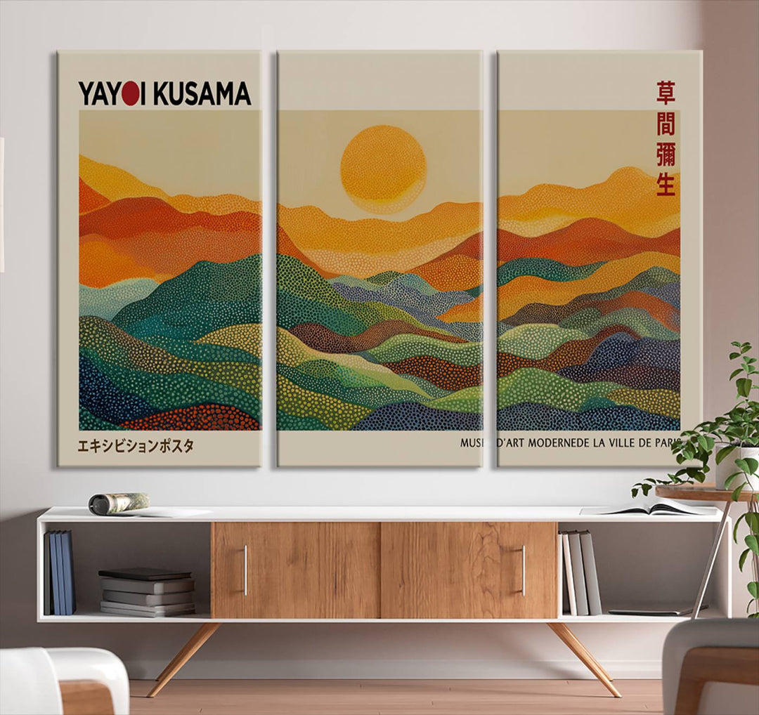 The vibrant abstract landscape depicted in the three-panel "Framed Yayoi Kusama 1986 Wall Art Print" seamlessly integrates nature-inspired décor.