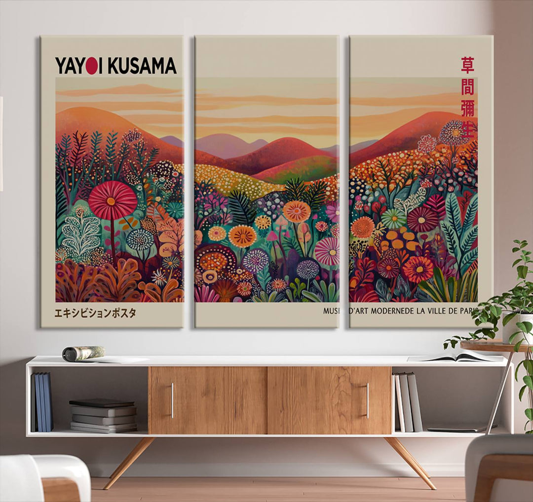 A framed Yayoi Kusama abstract landscape art print adorns the wall.