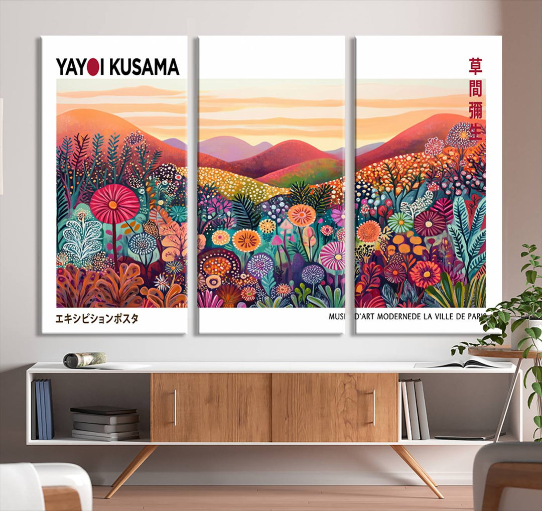 A Framed Yayoi Kusama 1986 Wall Art Print, showcasing a vibrant abstract landscape with flowers and reflecting the Wabi Sabi style, is displayed.