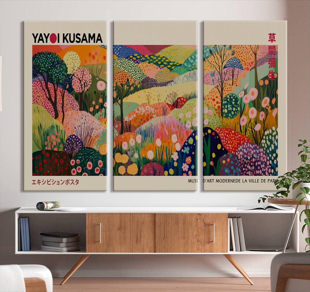 The Framed Yayoi Kusama 1986 Wall Art Print, a vibrant abstract landscape canvas inspired by Japanese design, adds a striking element to the bright room.