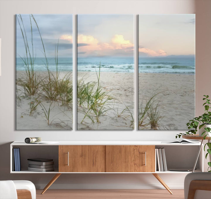 Flight Over Coastal Beach print on UV canvas displayed against white walls.