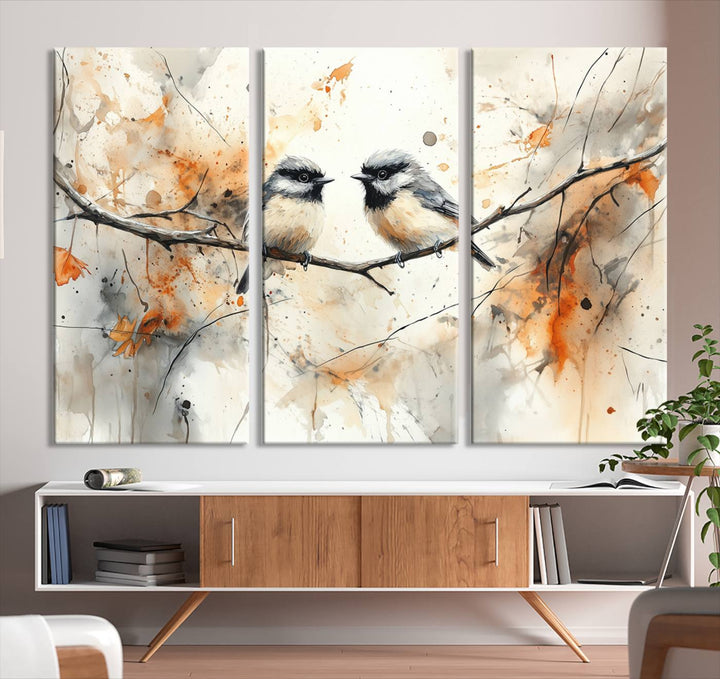Abstract Watercolor Chickadee Bird Canvas Wall Art Print - Large Bird and Branch Wall Art, Modern Wildlife Wall Decor