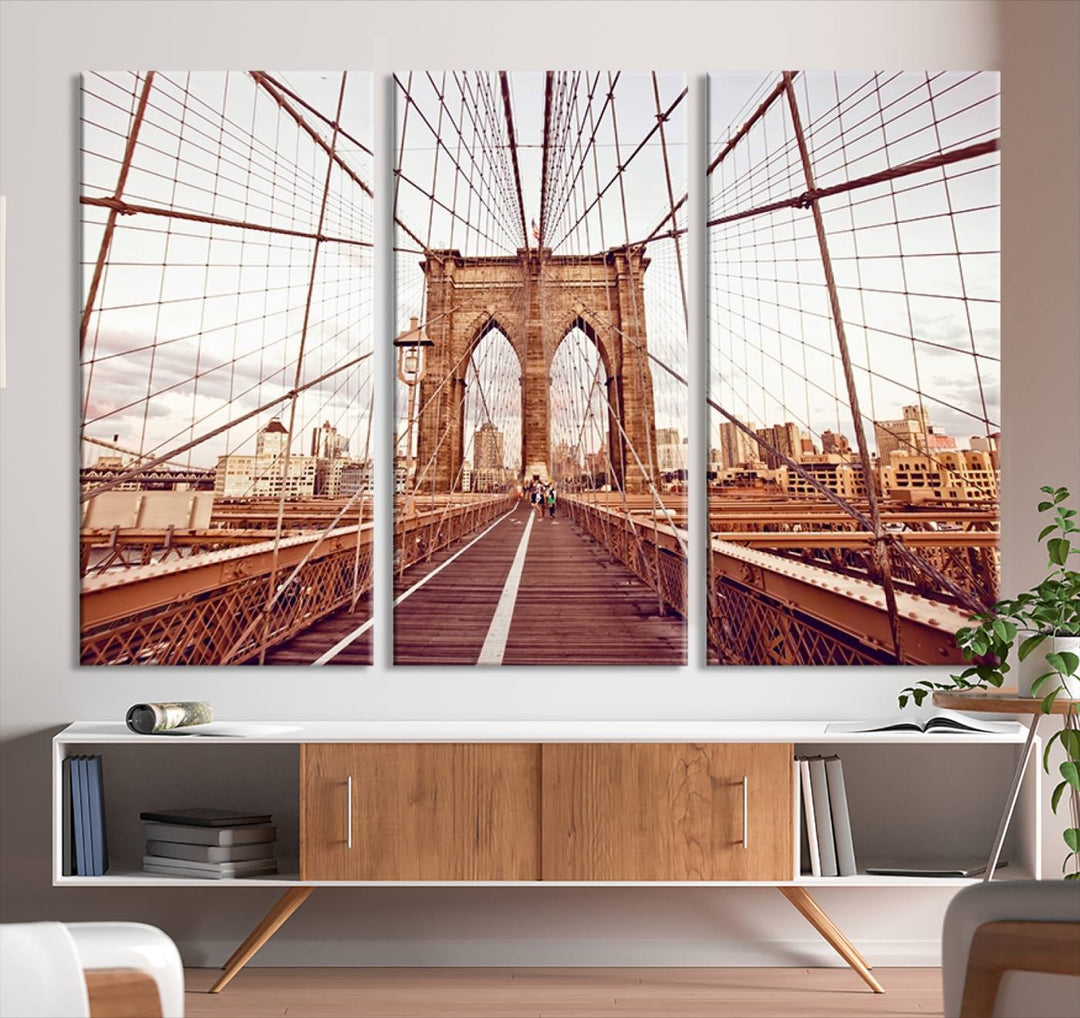 The three-panel "Wall Art New York Manhattan Cityscape Canvas Print" of the Brooklyn Bridge makes an ideal addition to minimalist interiors, capturing the essence of abstract expressionism.