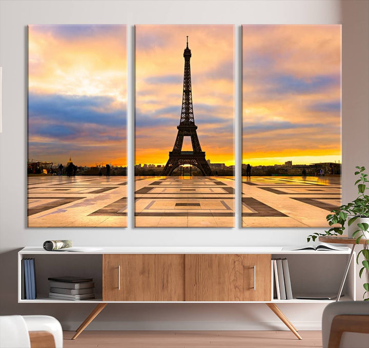 The "Paris Eiffel Tower Wall Art Canvas Prints" graces a wooden wall reminiscent of abstract expressionism.