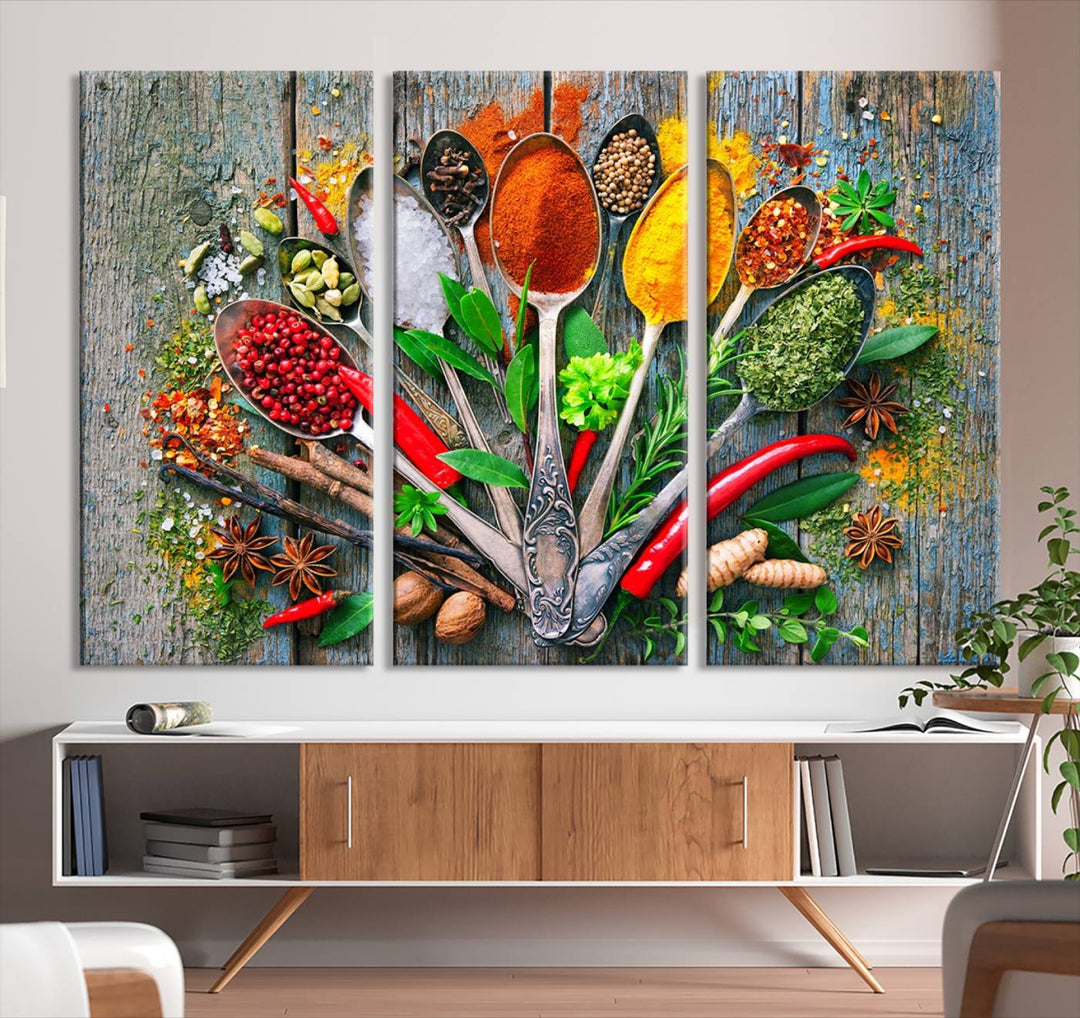 Vibrant Spoonful of Spices kitchen wall art canvas, a culinary triptych ideal for any dining room decor.