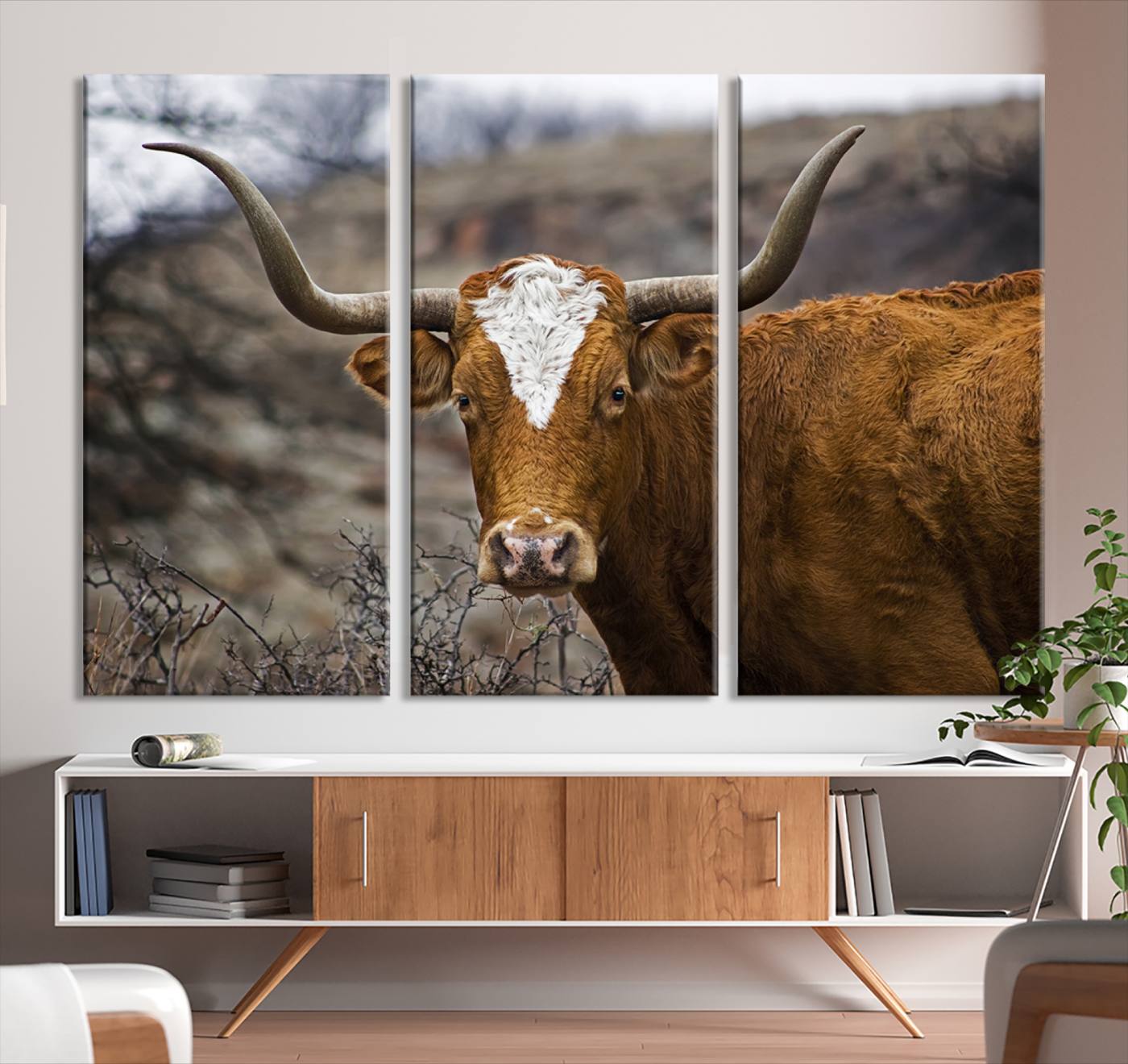 71797-MGV-CV-36X24-Texas Longhorn Canvas Wall Art - Longhorn Steer Canvas Wall Art Print- Rustic Western Animal Print, Large Longhorn Decor for Living Room,