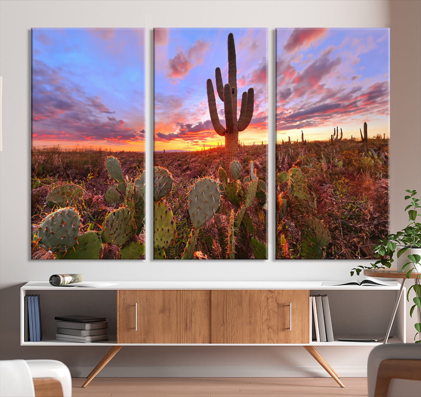 The Arizona Desert Sunset Wall Art Canvas Print hangs prominently.