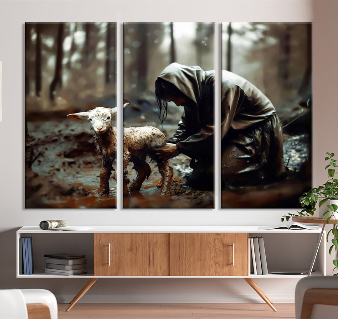 Jesus Lost Lamb Wall Art: A cloaked figure tends a lamb in a muddy forest.