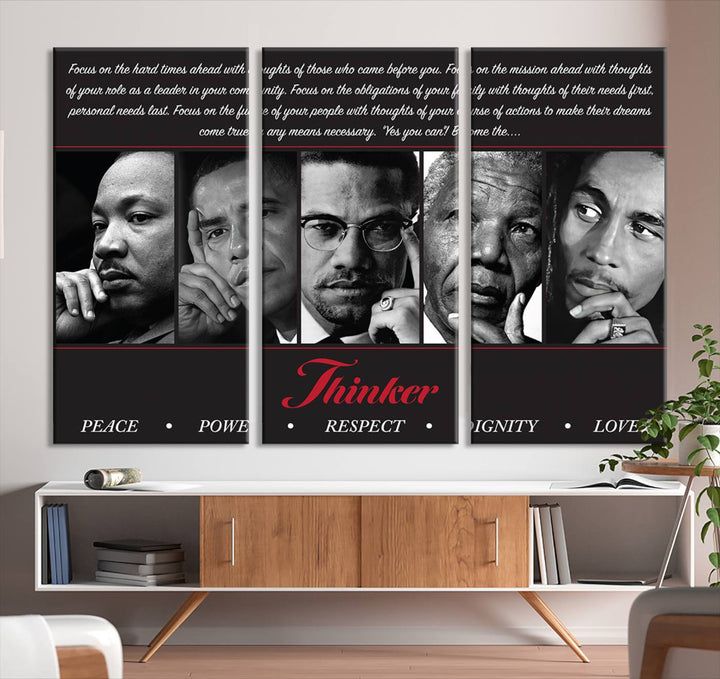 The wall art is a black and white piece featuring iconic figures accompanied by the words Thinker Peace Power Respect Dignity.