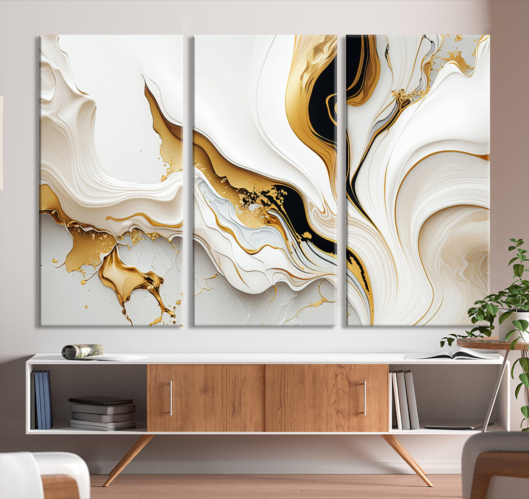 Modern interiors showcase Gold Waves on Pure White Canvas.