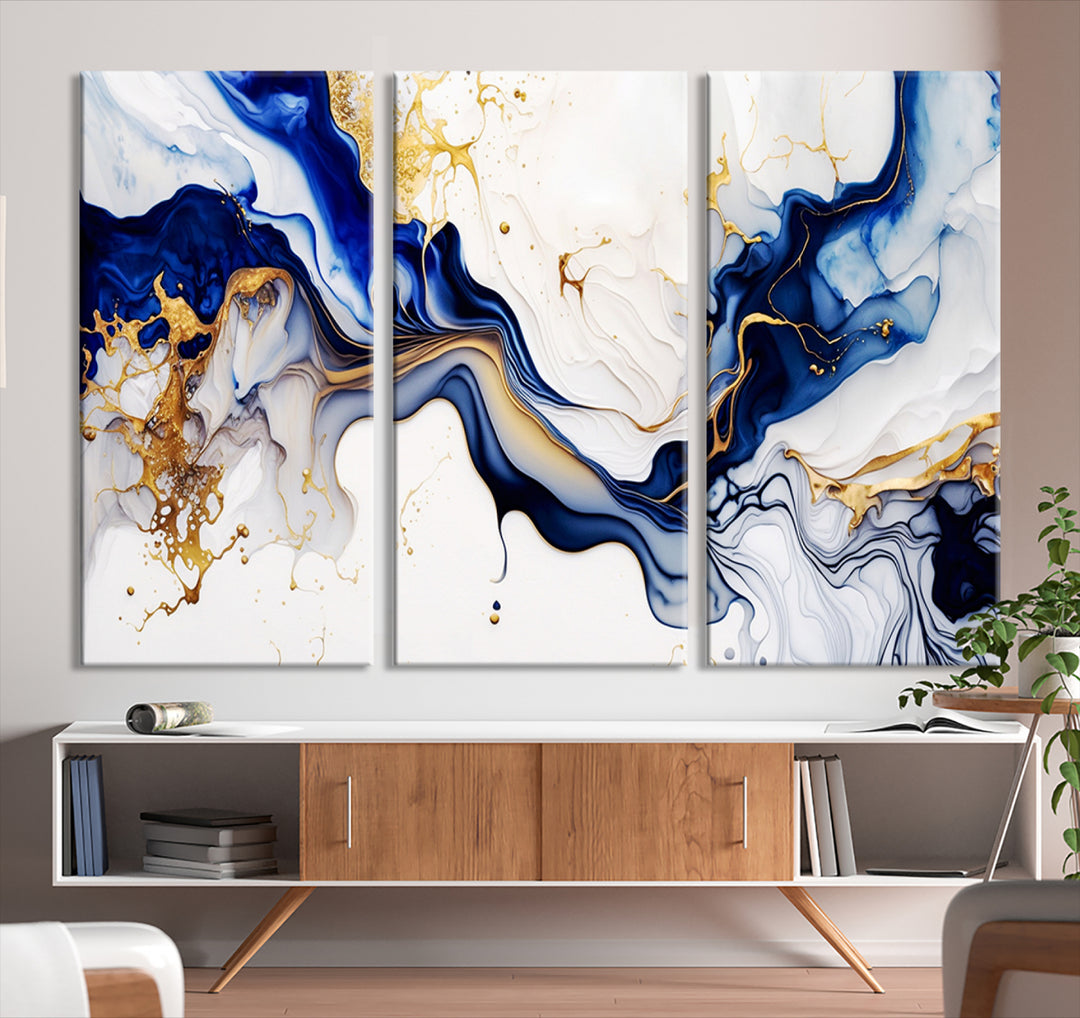 Golden Cascades on Midnight Blue wall art swirls above, featuring gold and white accents.