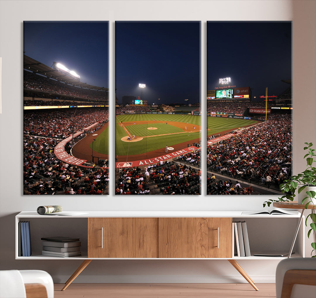 Aerial view of an LA Angels game at night, captured as stunning wall art on premium canvas, handmade in the USA.