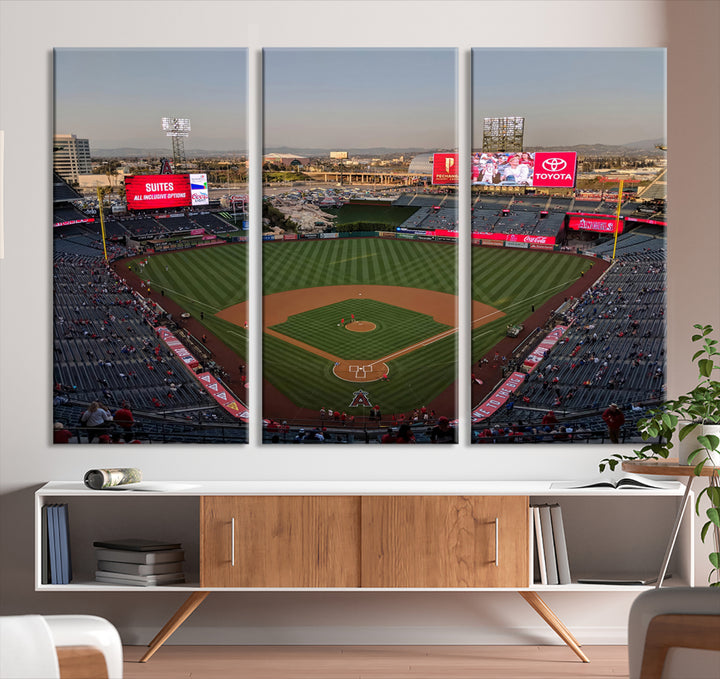 Aerial view of Angel Stadium, perfect as gallery-quality wall art - Los Angeles Angels Canvas Print.