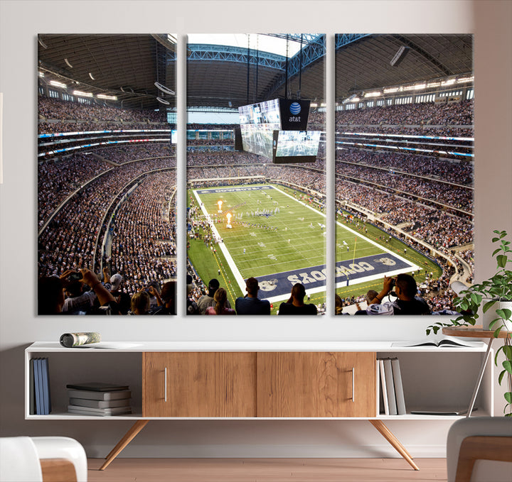 The wall art is a Dallas Cowboys AT&T Stadium Canvas Print, showcasing the iconic logo.