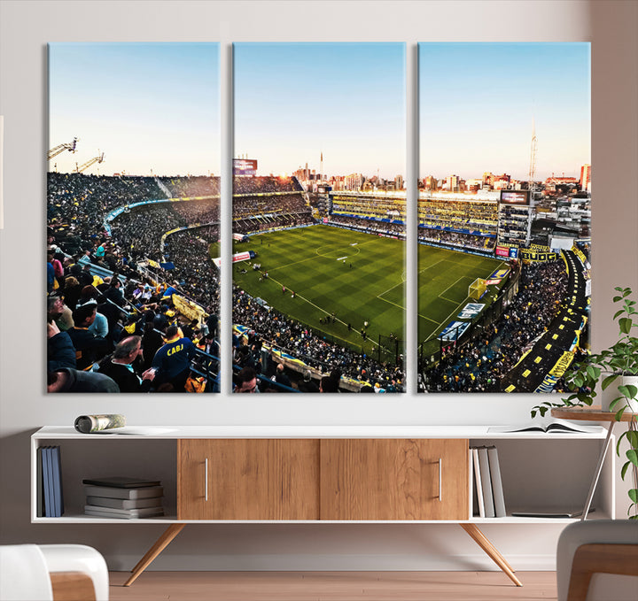 The wall art canvas print vividly captures the dynamic soccer culture at Bombonera Stadium with its vibrant depiction.