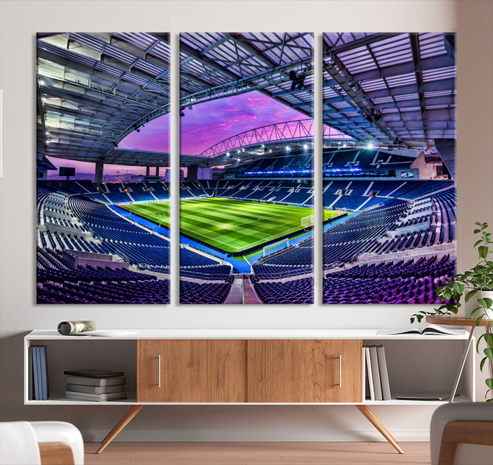 The FC Porto Soccer Team Dragon Stadium Wall Art Canvas Print decorates the room.