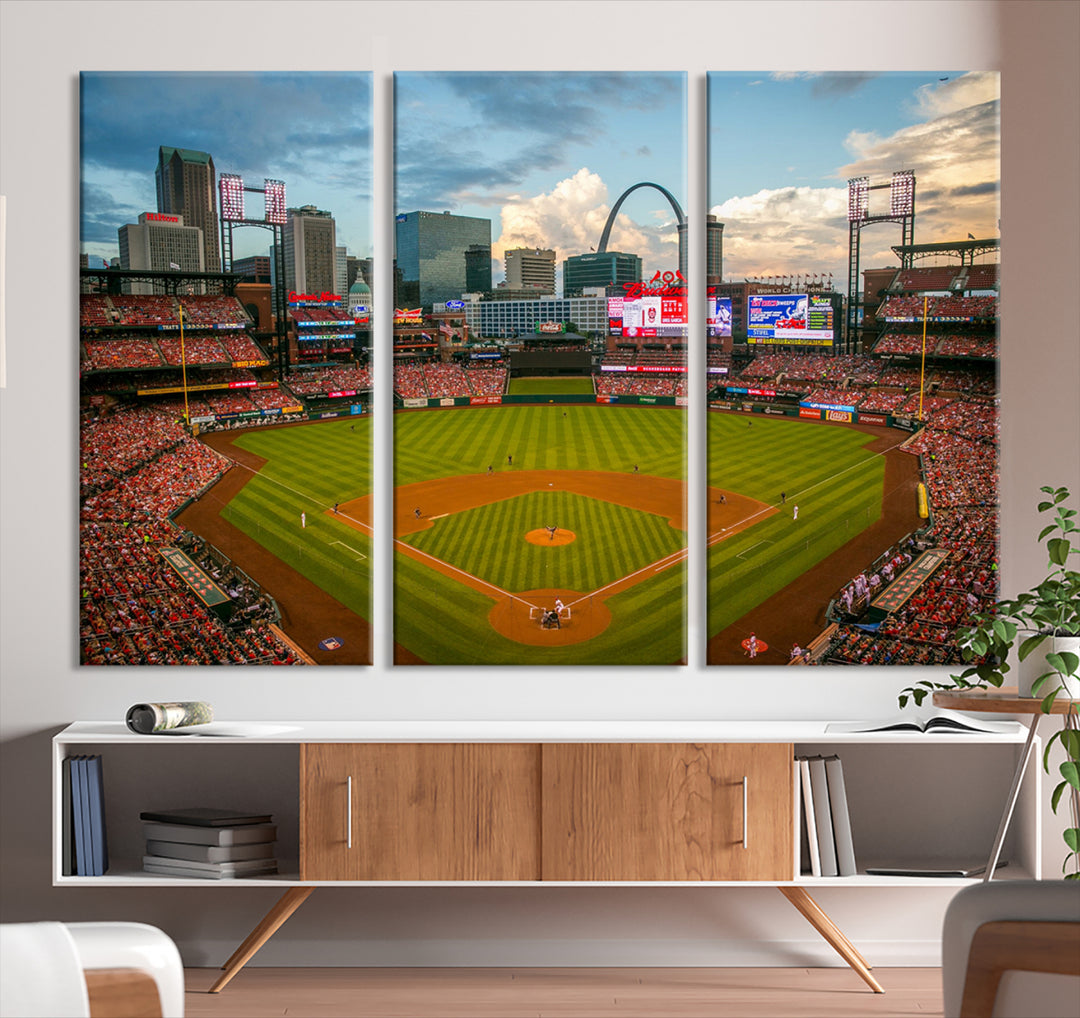 Canvas art of the St. Louis Cardinals Busch Stadium, capturing the citys skyline.