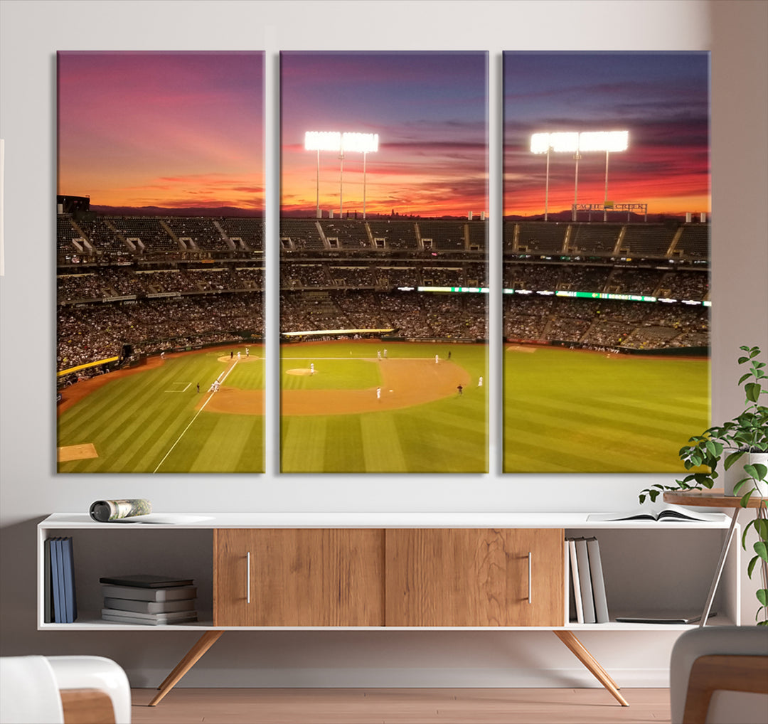 The Oakland Coliseum print is a museum-quality canvas depicting a full crowd and a sunset.