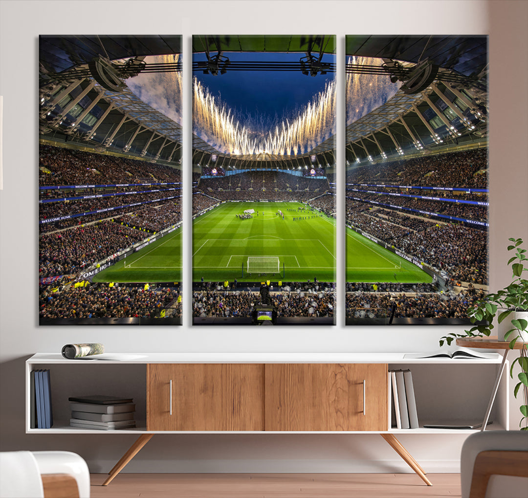 A stunning Tottenham Hotspur Stadium wall art captures the energy of a stadium packed with fans and vibrant lights.